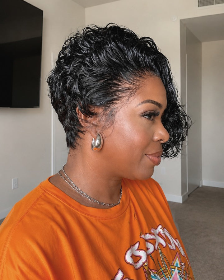 Wet Look Side-Swept Curly Pixie 13×6 Lace Front Wig with Drawstring