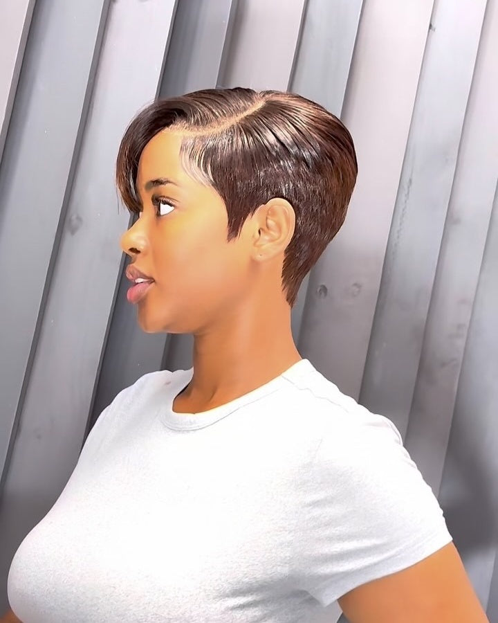 Dark Brown Full Lace Pixie Cut Wig With Side Swept Bangs