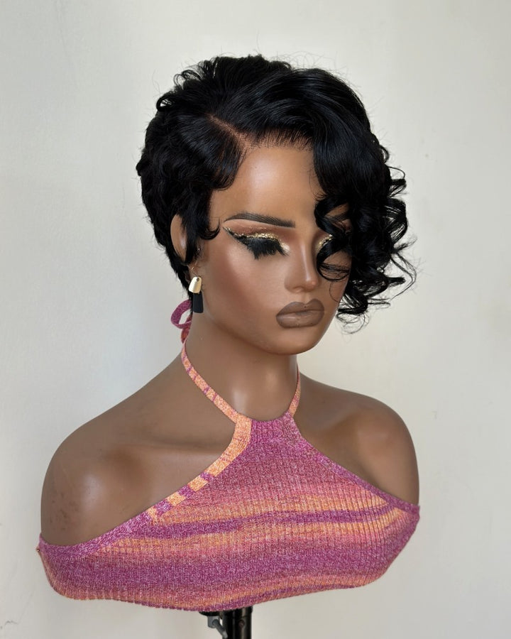 Drama Asymmetrical Curly Pixie 13x6 Lace Wig with Side Swept Bangs