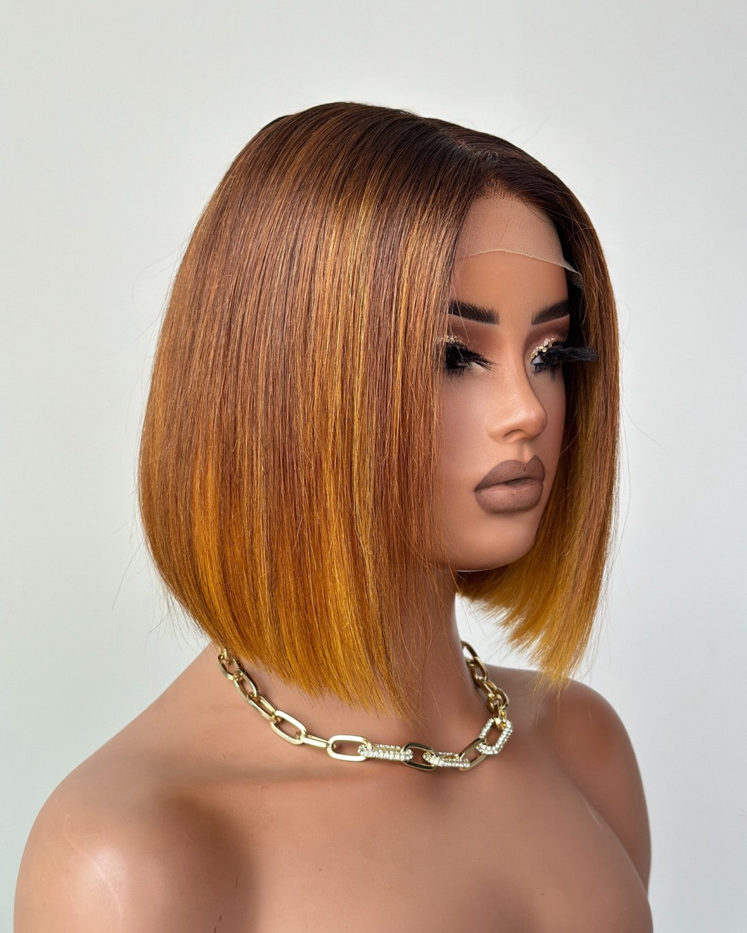 Ombre Brown With Honey Blonde Highlights Adjustable Cap Virgin Hair Bob HD Lace Wig