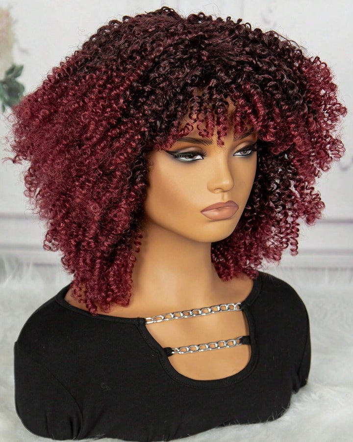 Cherry Colored Afro Curly Bangs Wig