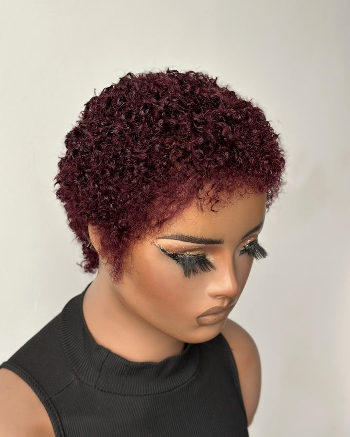 Beginner-friendly Black & Burgundy Short Curly Pixie Wig