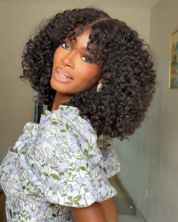 Water Curls Bangs Hair 5x5 Lace Closure Wig