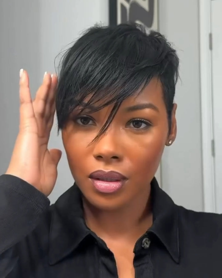 Natural Full Lace Pixie Cut Wig With Side Swept Bangs