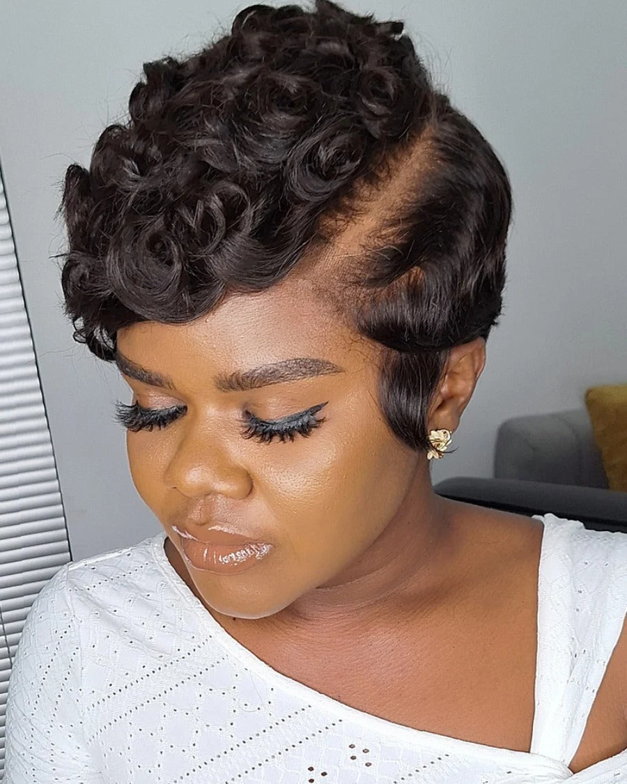 Side Bang Wave Curls Full Lace Short Pixie Cut Wig