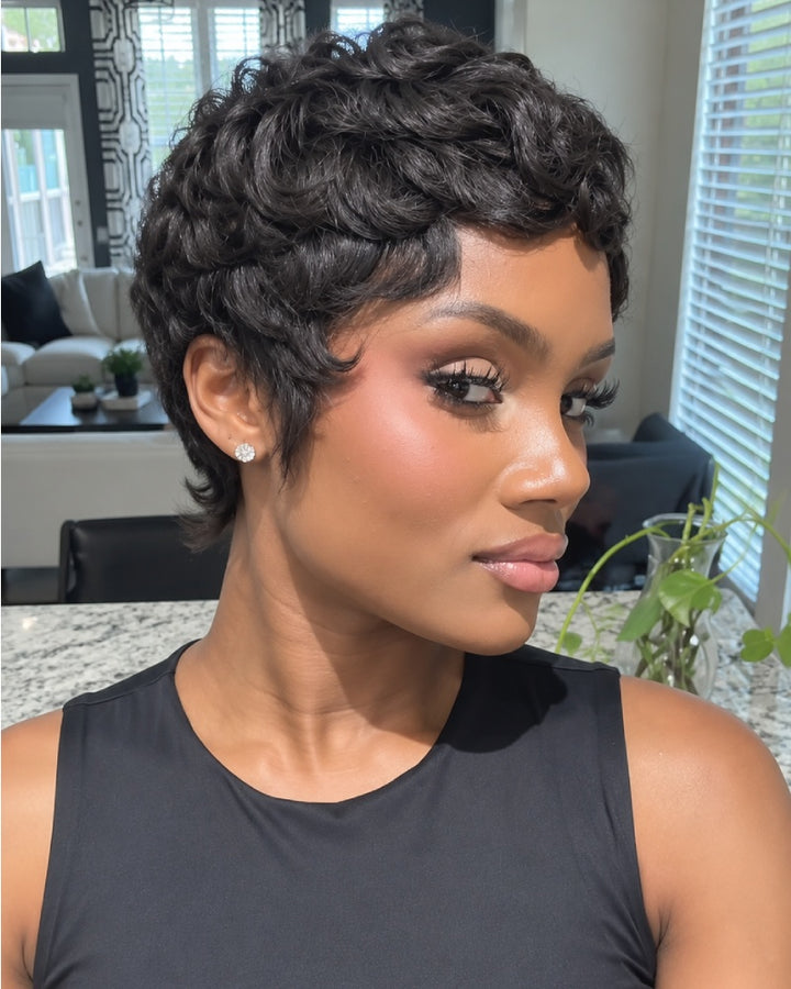 Vintage Flair Curly Pixie Mullet 13x6 Lace Wig with Curled Bangs