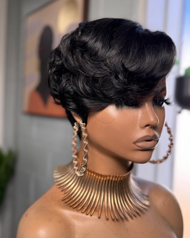 Full Lace Glueless Natural Black Pixie Cut Wig With Bangs