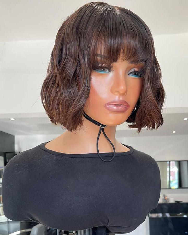 Short Wavy French Bob With Bangs Chestnut Brown Ombre Wig