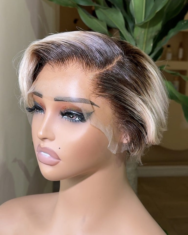 Light Gray Dark Roots Pixie Short Lace Front Wig