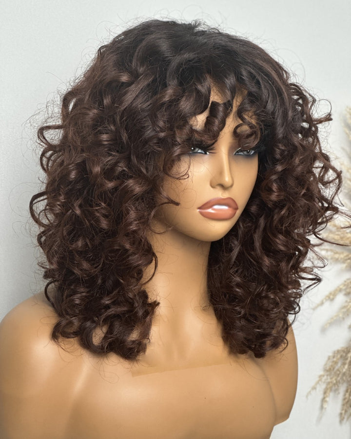 Light Brown Black Hair Root Glueless Curly Bang Wig