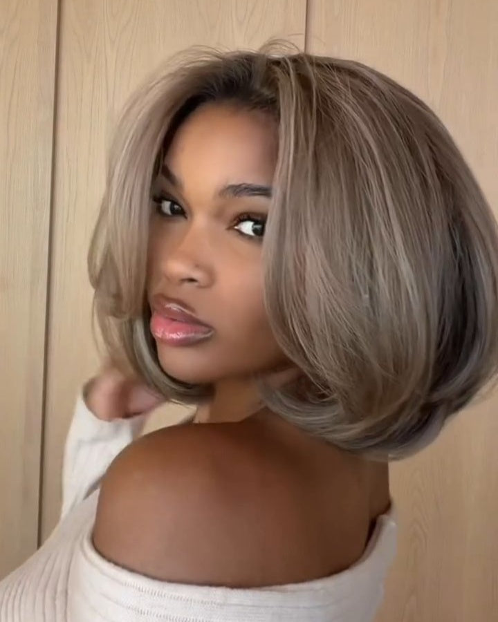 Ash Blonde Highlights Layered Bob Human Hair Lace Closure Wig
