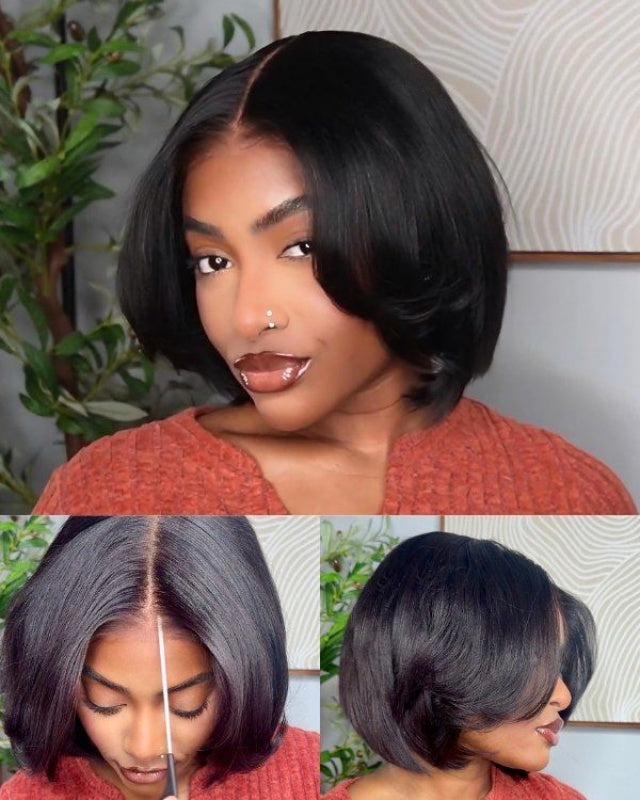 Short Hair Yaki Bob With Curtain Bangs 5x5 Lace Closure Wig