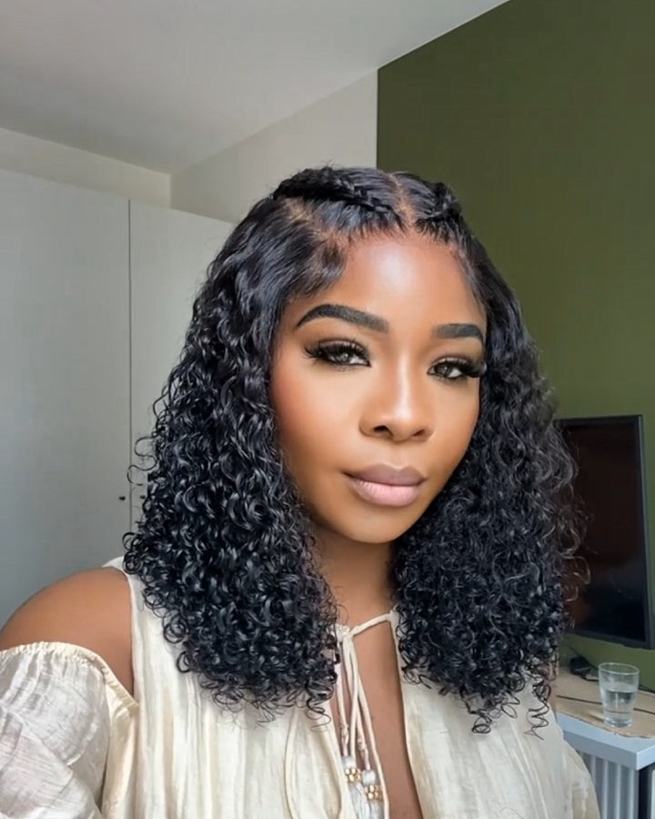 Natural Black 7x5 HD Lace Closure Pre-braided Human Hair Curly Wig