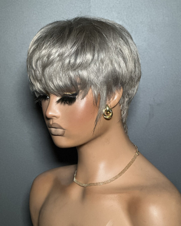 Ash Grey Layered Pixie Cut Glueless Human Hair Wig With Bangs