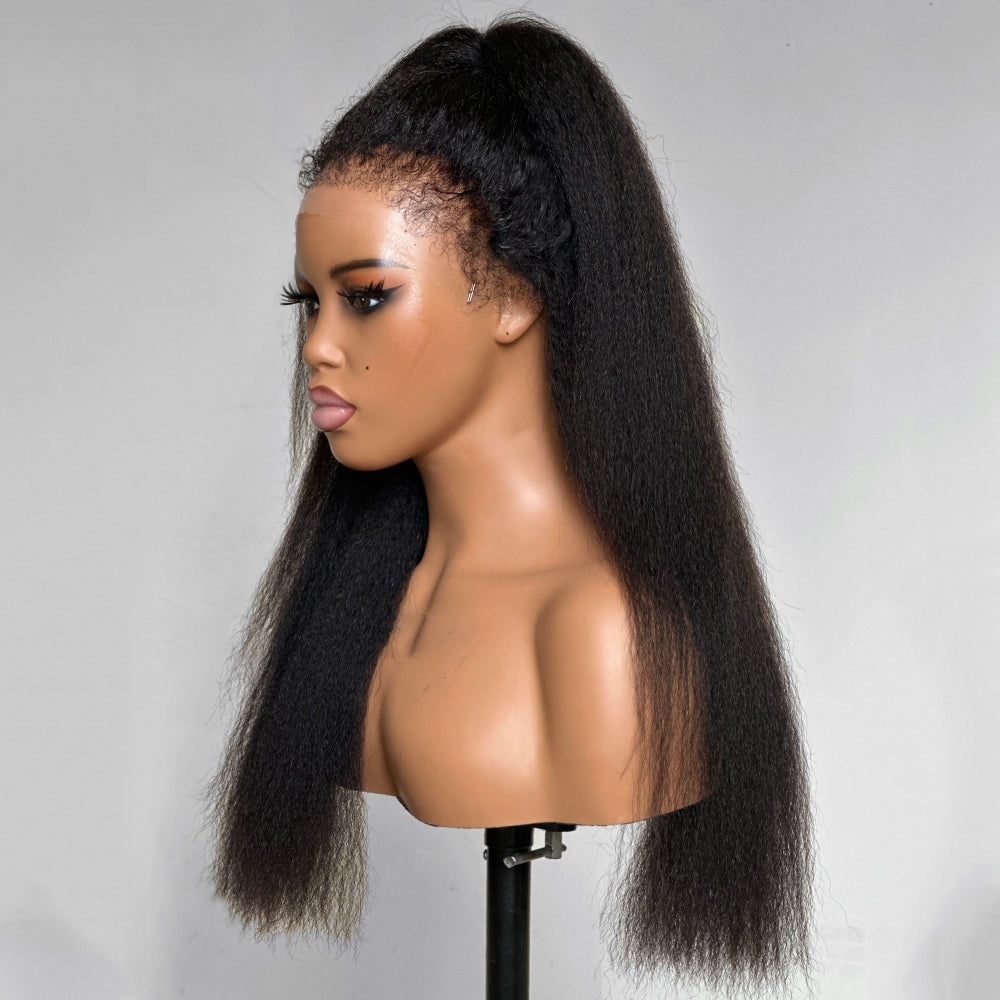 Glueless Hybrid Hairline With Kinky Straight 9x4 HD Lace Front Ventilated Wig