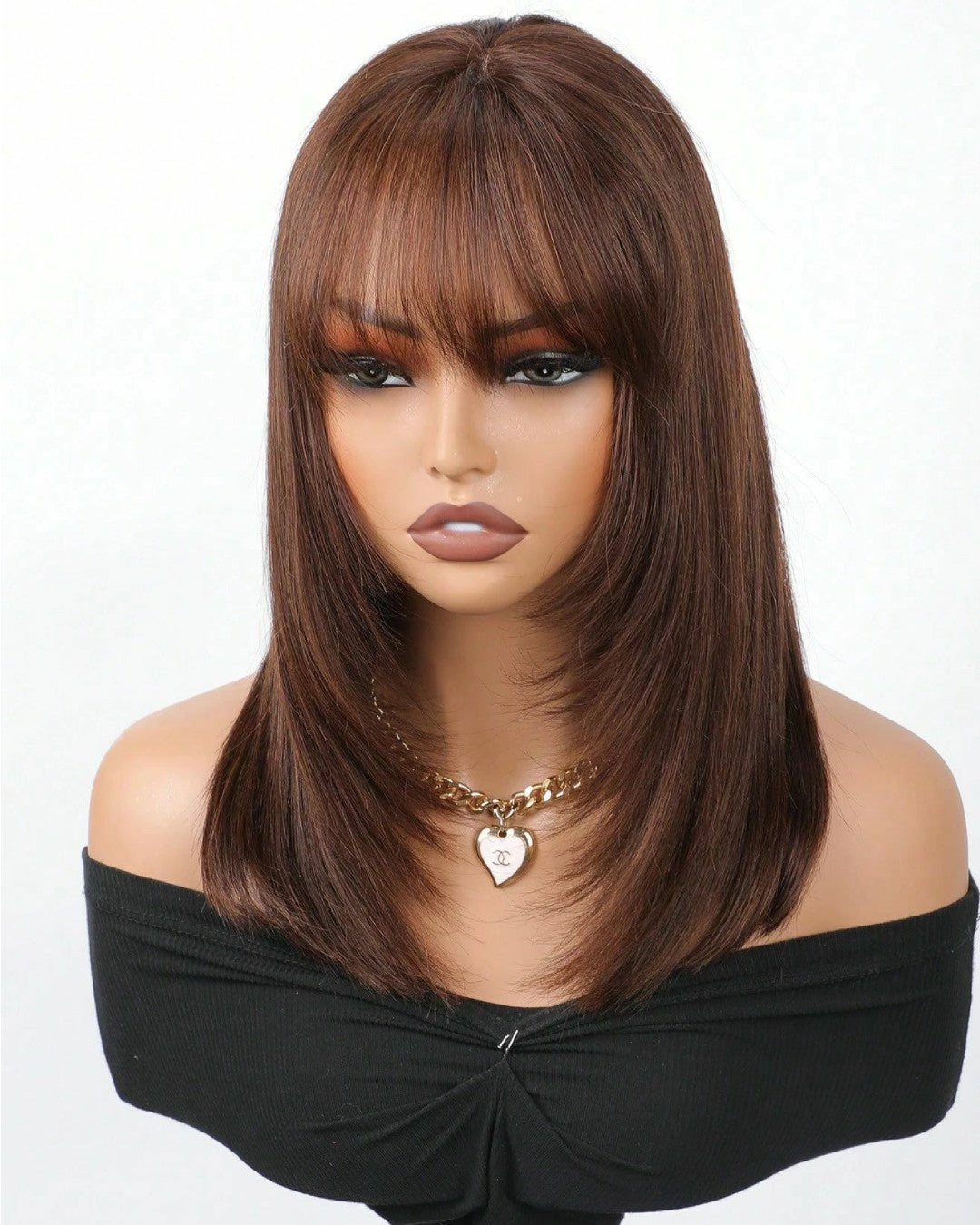 Brown Color Layered Bangs Straight 5x5 Lace Wig