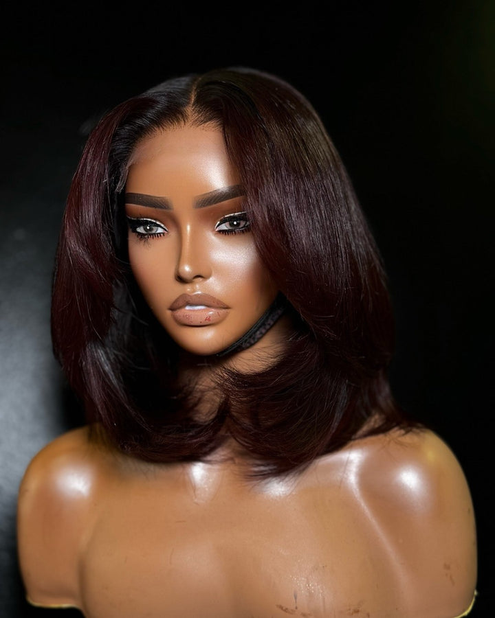 Deep Wine Color Layered Bang 5x5 Lace Closure Wig