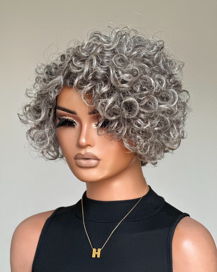 Glueless Salt & Pepper Color Curly Bob Wig