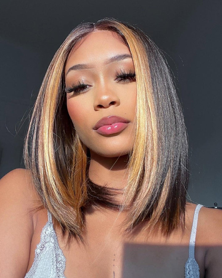 Layer Cut Ombre Blonde Highlight Straight 5x5 Lace Closure Wig