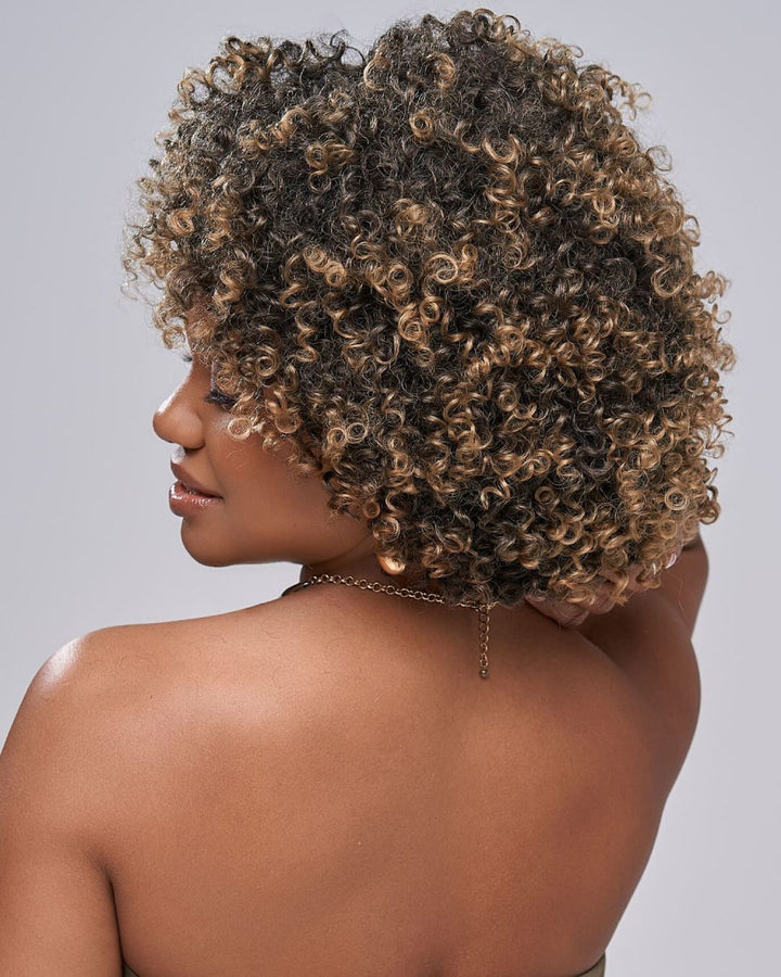 Wear & Go Honey Blonde Highlights Afro Kinky Coily Glueless Bob Wig With Bangs