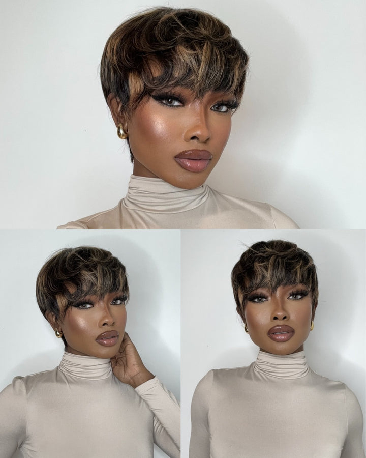 Put On & Go Blonde Highlight Layered Pixie Cut Wig With Bangs