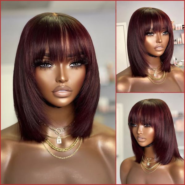 Lace Hair Slit Mechanism Burgundy Bob Wig With Bang