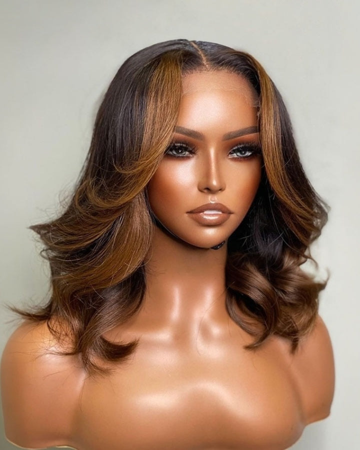 Layered Wavy Curtain Bangs Copper Brown Highlights Lace Front Wig