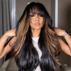 5x5 Undetectable Lace Closure Blonde Mix Black Bangs Wig