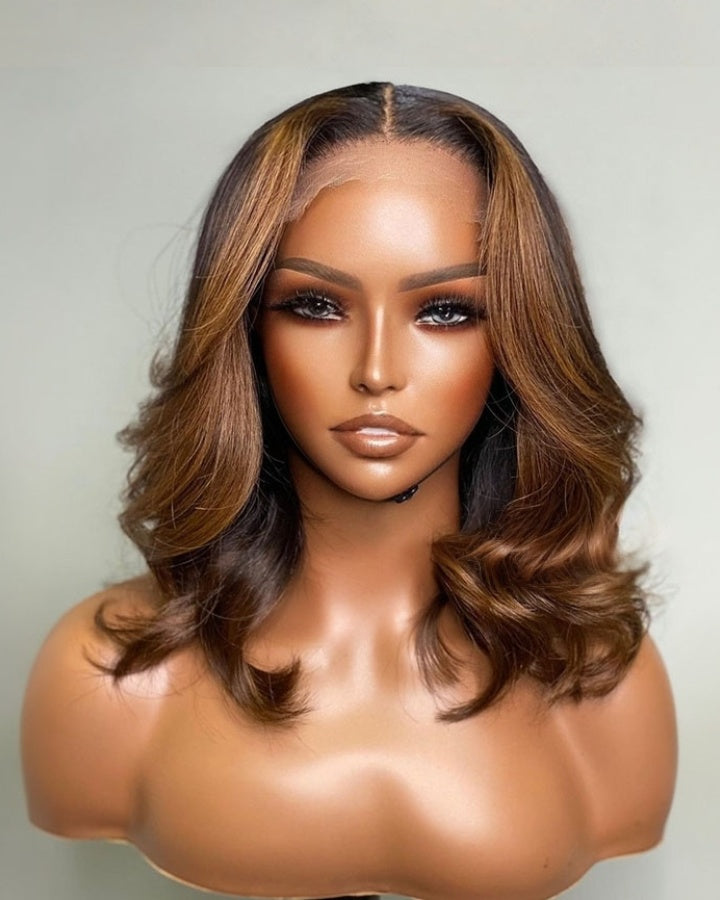 Layered Wavy Curtain Bangs Copper Brown Highlights Lace Front Wig