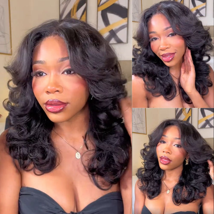 Wear & Go Layered Wavy With Curtain Bangs 4x4 Lace Closure Wig