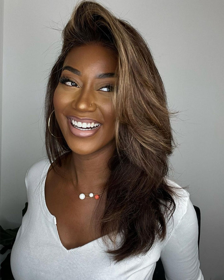 Layered Dark Brown with Blonde Highlights Wavy Lace Front Wig Human Hair