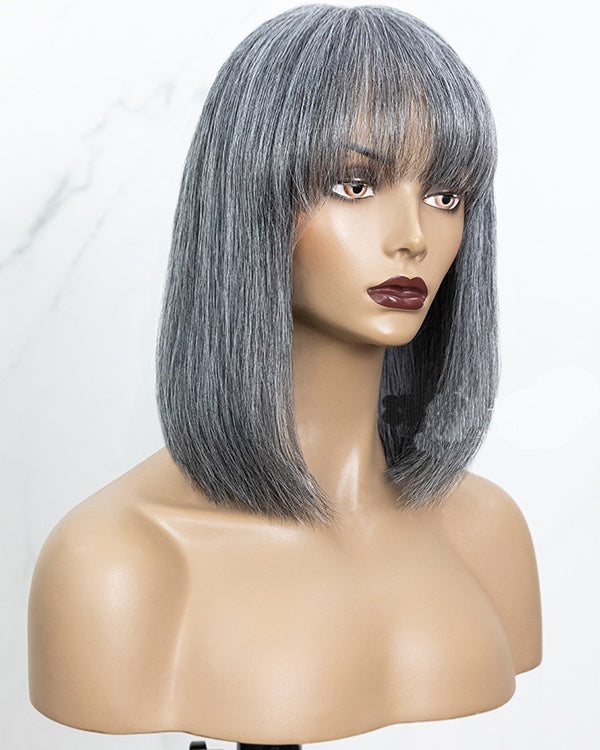 Salt And Pepper Grey Bob With Bangs Glueless Wig