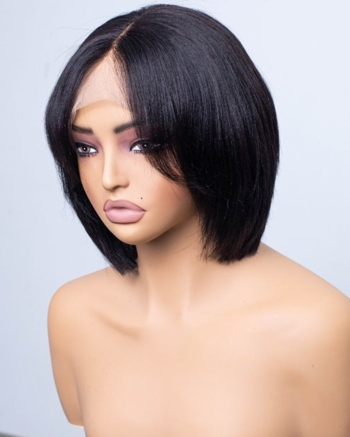 Short Hair Yaki Bob With Curtain Bangs 5x5 Lace Closure Wig