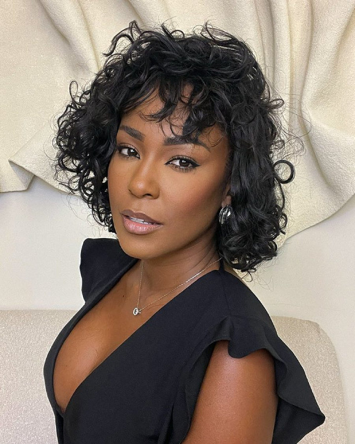 Glueless Natural Balck Short Curly Wig With Bangs