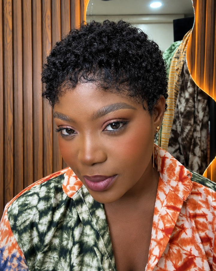 Beginner-friendly Black & Burgundy Short Curly Pixie Wig