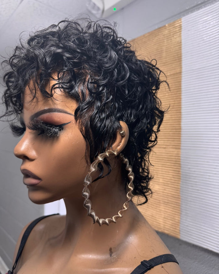 Spanish Wave Pixie Curls Bangs Full Lace Wig