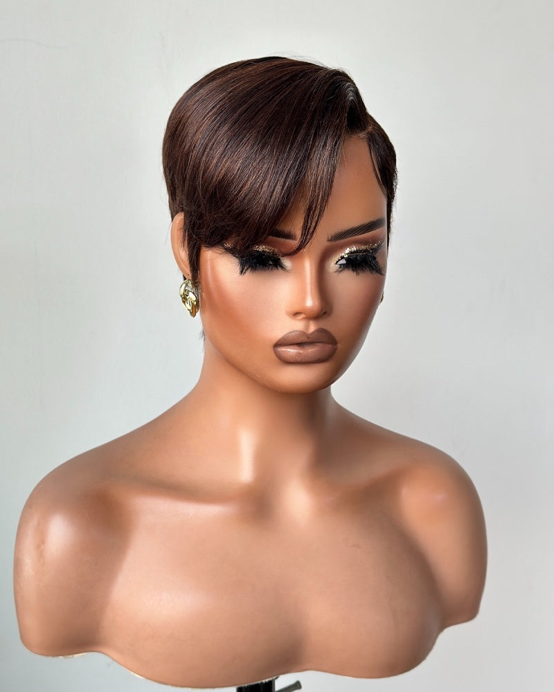 Dark Brown Full Lace Pixie Cut Wig With Side Swept Bangs