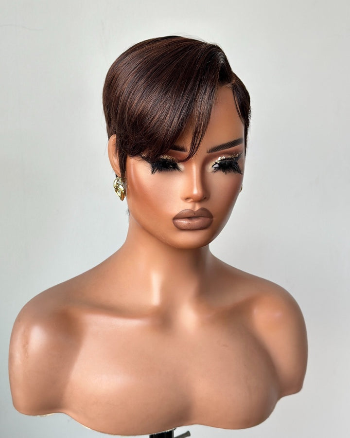 Dark Brown Full Lace Pixie Cut Wig With Side Swept Bangs