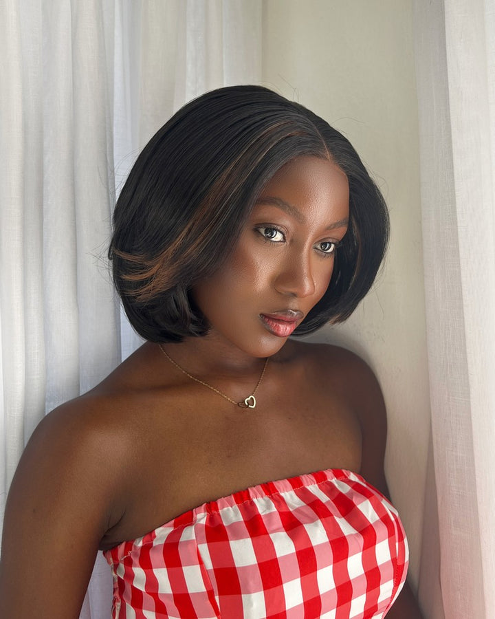 Middle Part Silky Straight Bob With Blonde Highlight Lace Closure Wig