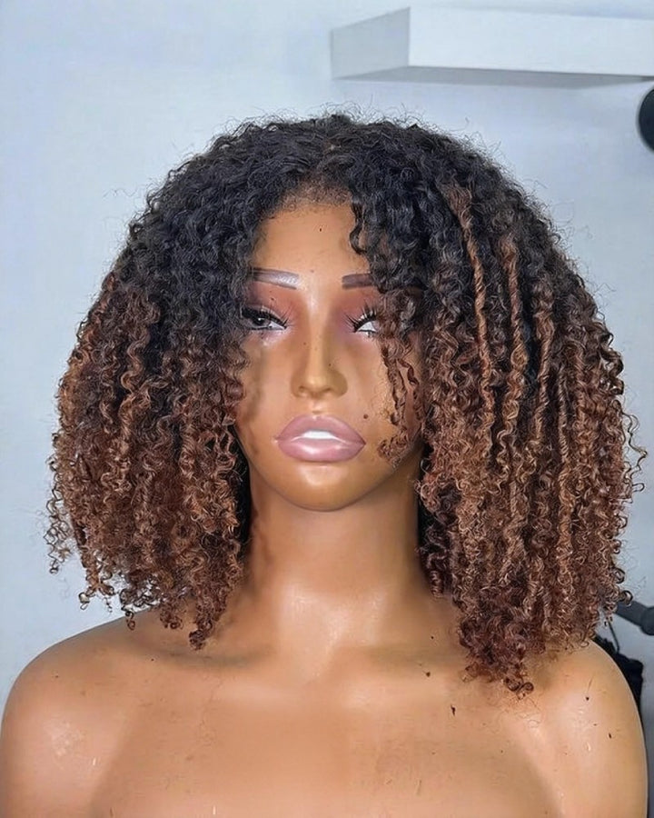 Ombre Brown Burmese Kinky Afro 13x4 Lace Curly Frontal Wig With Kinky Edges