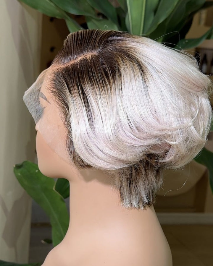 Light Gray Dark Roots Pixie Short Lace Front Wig