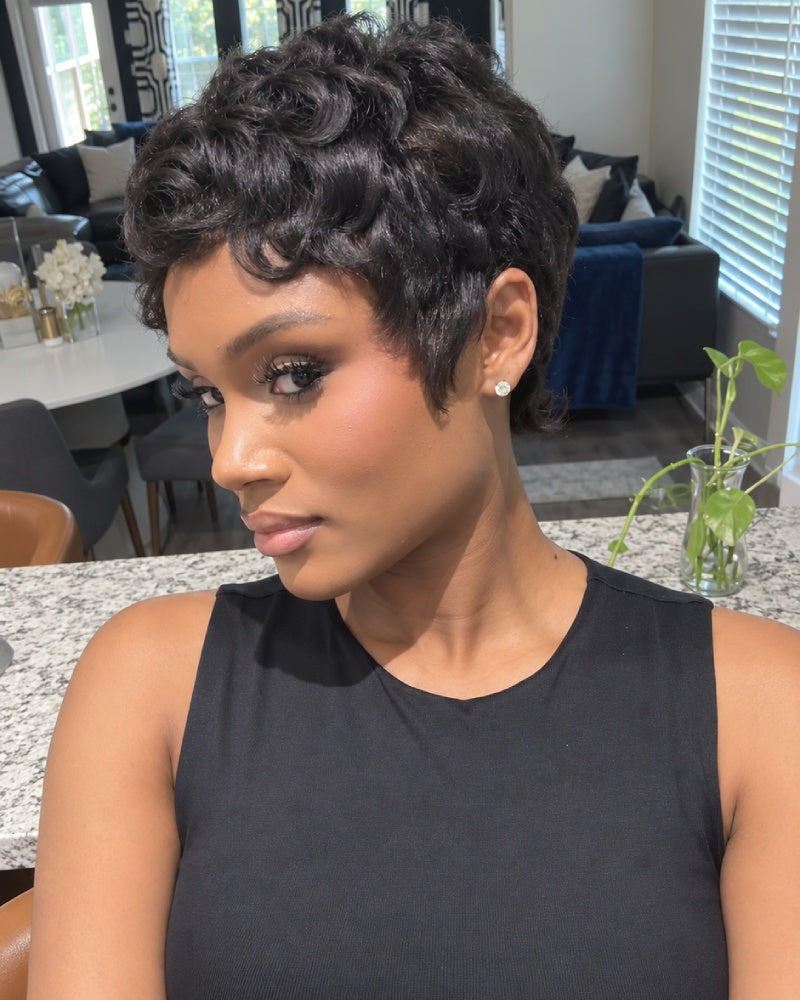 Vintage Flair Curly Pixie Mullet 13x6 Lace Wig with Curled Bangs