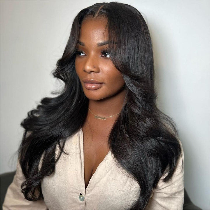 Curtain Bangs Layers Waves 5x5 Lace Closure Wig