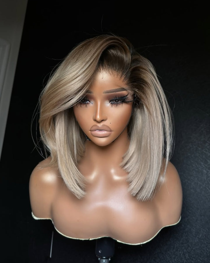 White Blonde With Dark Roots Side parted 13x4 Frontal Lace Wig
