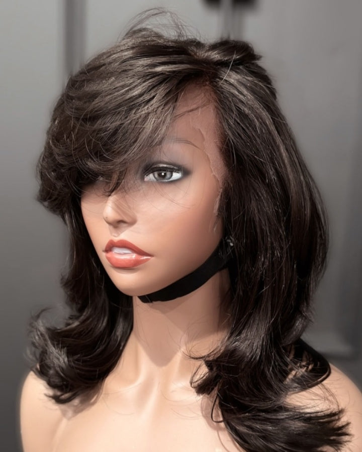90s Fine Natural Black Layered Wavy with Side Swept Bangs Lace Front Wig