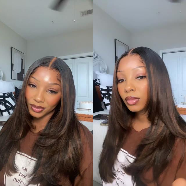 Highlight Brown Straight Layer Cut 13x4 Lace Frontal Wig Human Hair