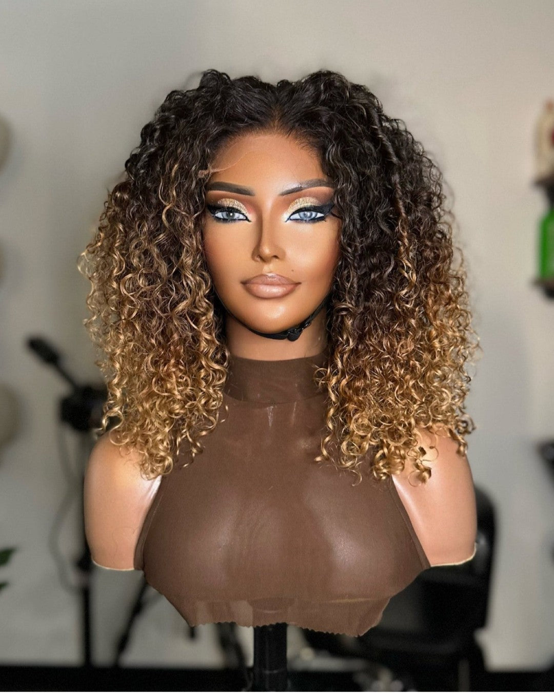 Middle Part Layered Ombre Brown Blonde With Kinky Curly Lace Front Wig