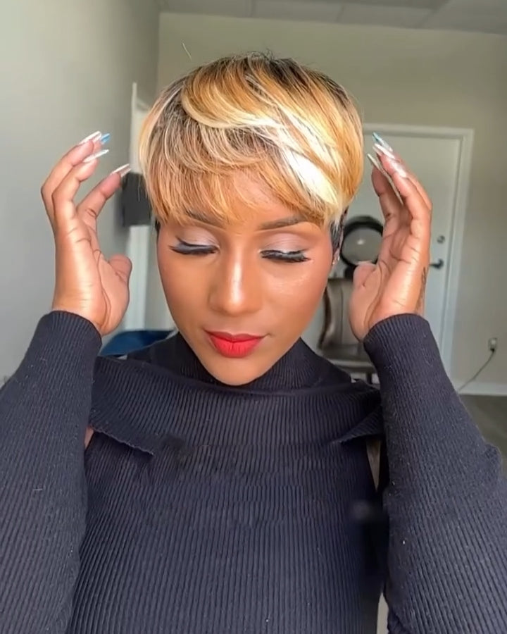 Short Honey Blonde Brown Highlight Bangs Wig Remy Hair