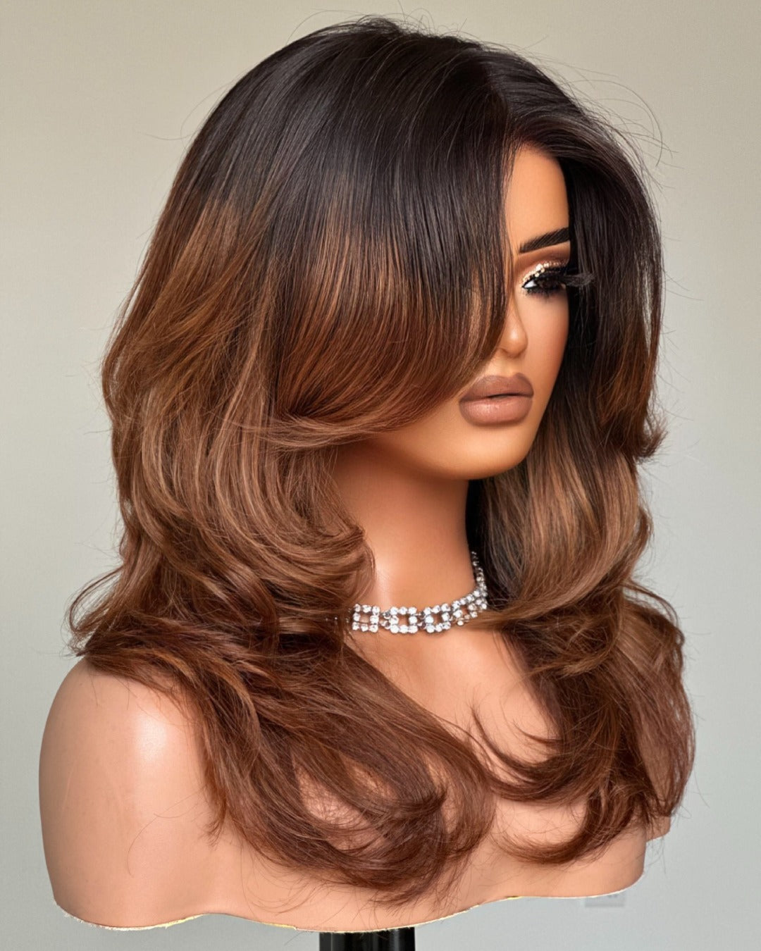 Fall Vibe Ombre Brown Layered Wavy With Curtain Bangs Lace Closure Wig