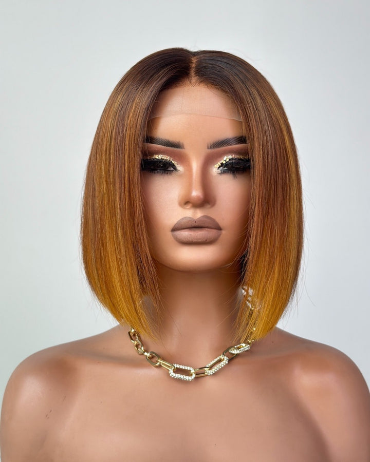 Ombre Brown With Honey Blonde Highlights Adjustable Cap Virgin Hair Bob HD Lace Wig